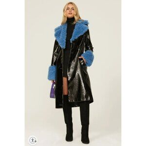 Love Whit Whitney Port Sherpa Collar Coat Black Faux Leather Blue Fur Trim Sz M
